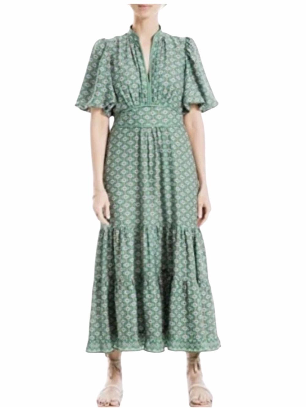 NWT Max Studio Tiered Maxi Dress Medium Prairie Cottage Boho Green Size Small